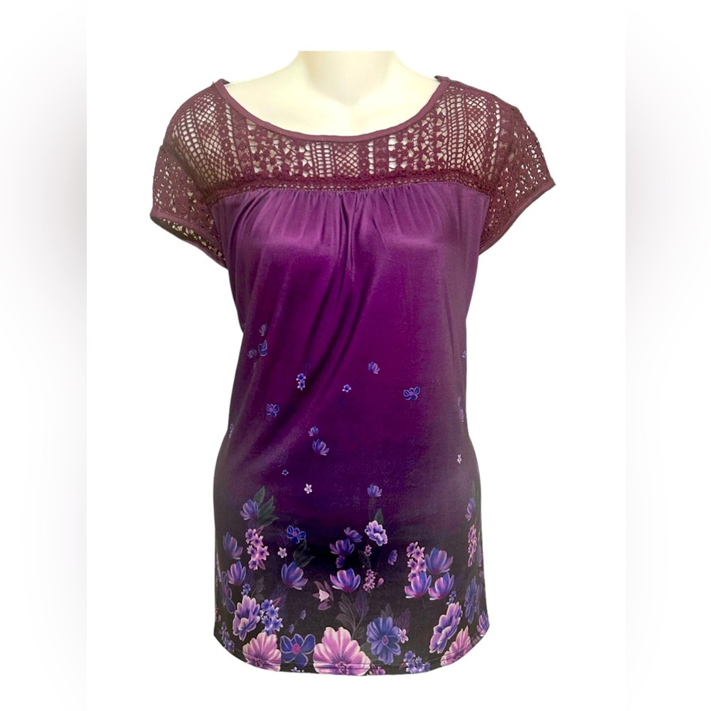 Beautiful Women’s Dark Purple Butterfly and Floral Top with Lace Neckline XL